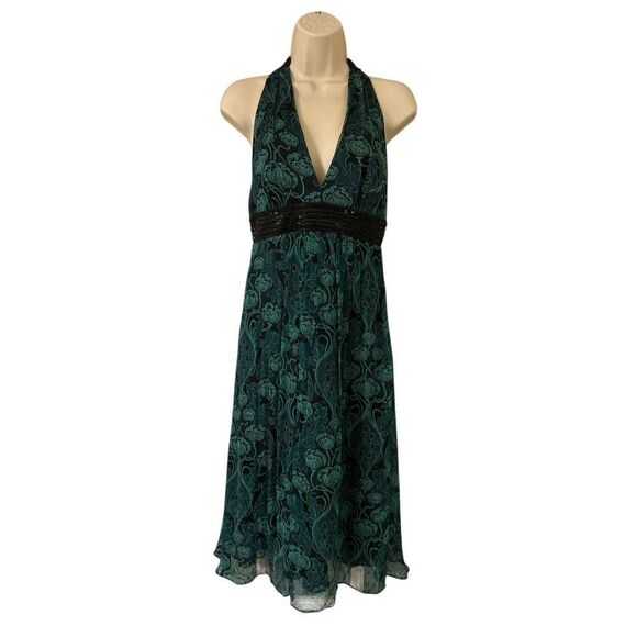 Laundry Shelli Segal 100% Silk Beaded Y2K V-neck Midi Green Halter Dress Size 2 - Picture 1 of 7